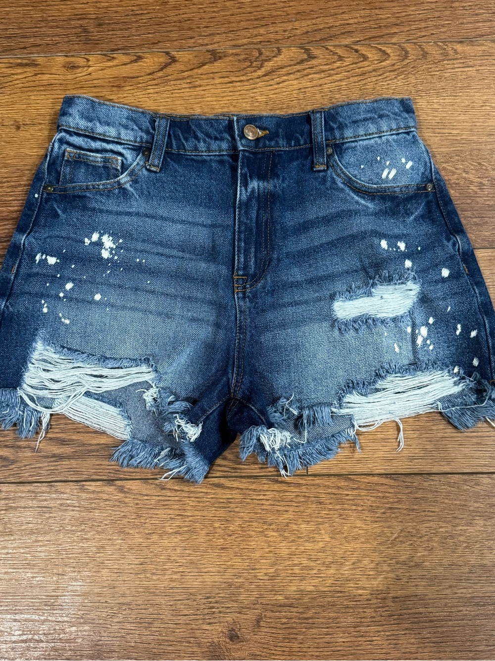 NOBO Dark Blue Distressed Denim Shorts with Paint-Splash Detail